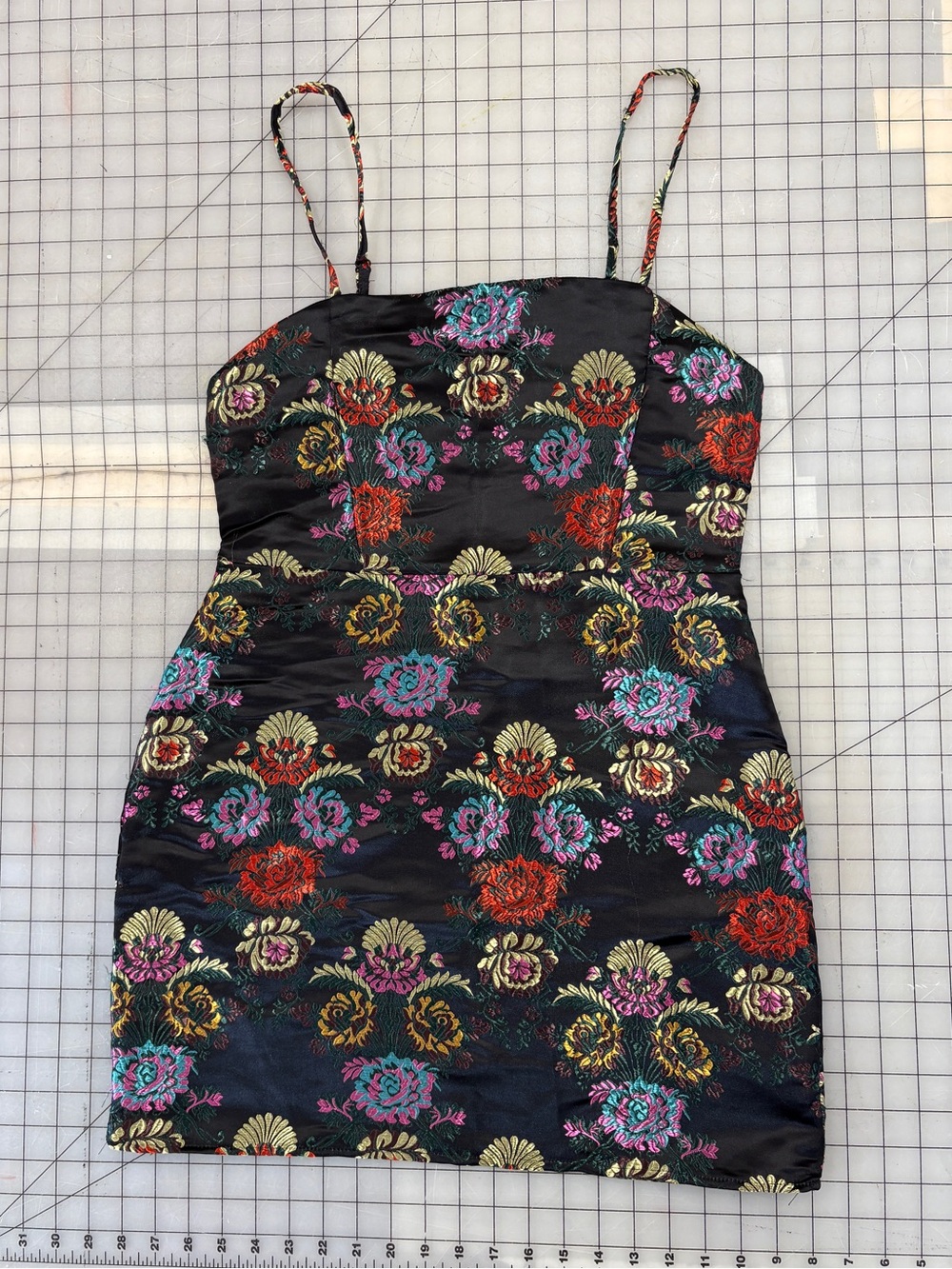 Floral Brocade Black Strappy Mini Dress